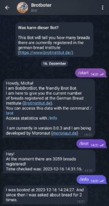 Screenshot von Brotbot im Telegramchat
