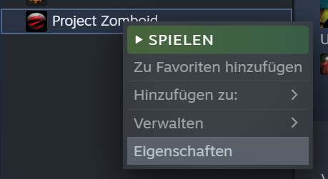 Screenshot vom Kontextmenü in Steam